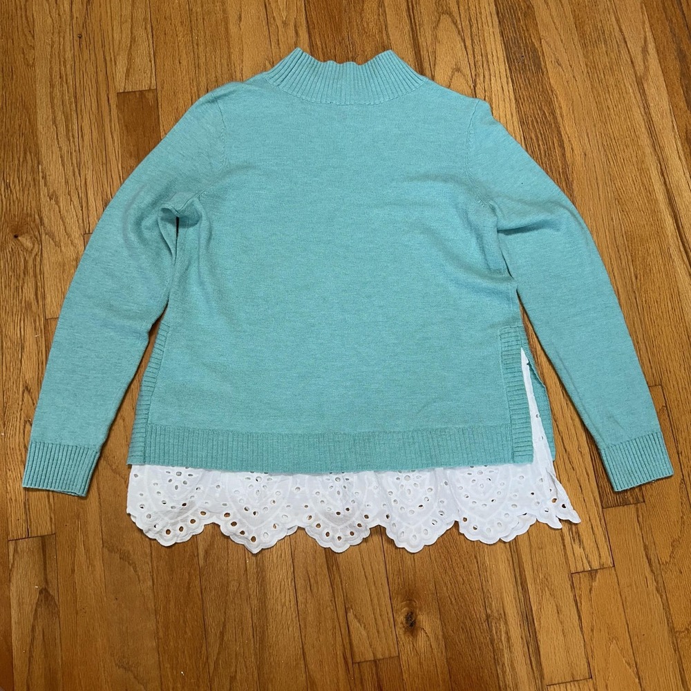 Talbots Sweater S Blue Mock Neck Eyelet Hem Pullover Lagenlook Layered Coastal - Picture 4 of 7